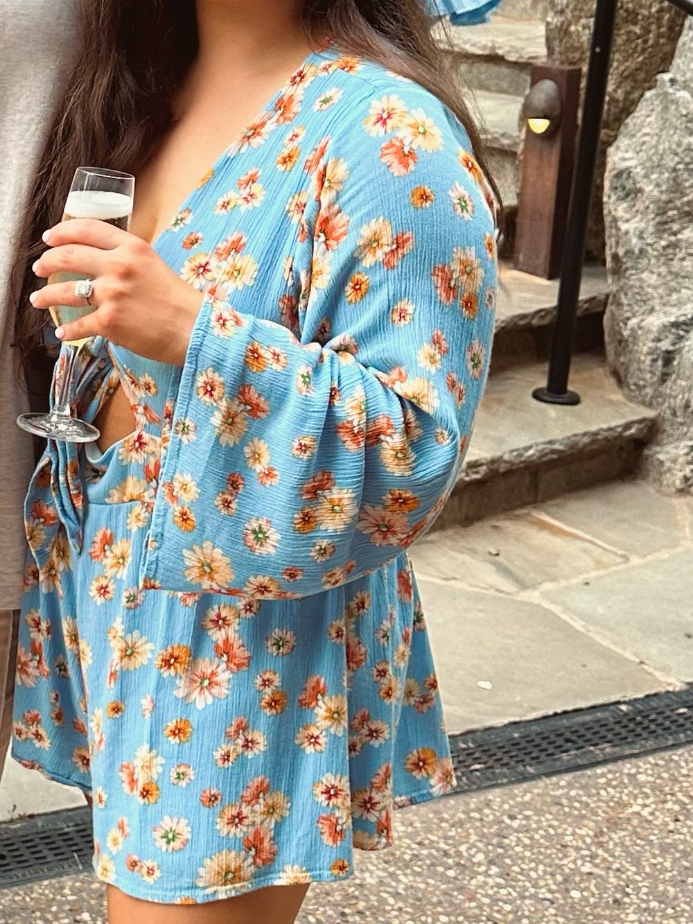 Tie-Front Floral Altar’d State Romper — Blue Daisy